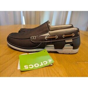 NWT Crocs Shoes Mens Sz 9 Espresso Brown Beach Boat Line Canvas Slip Ons Loafer
